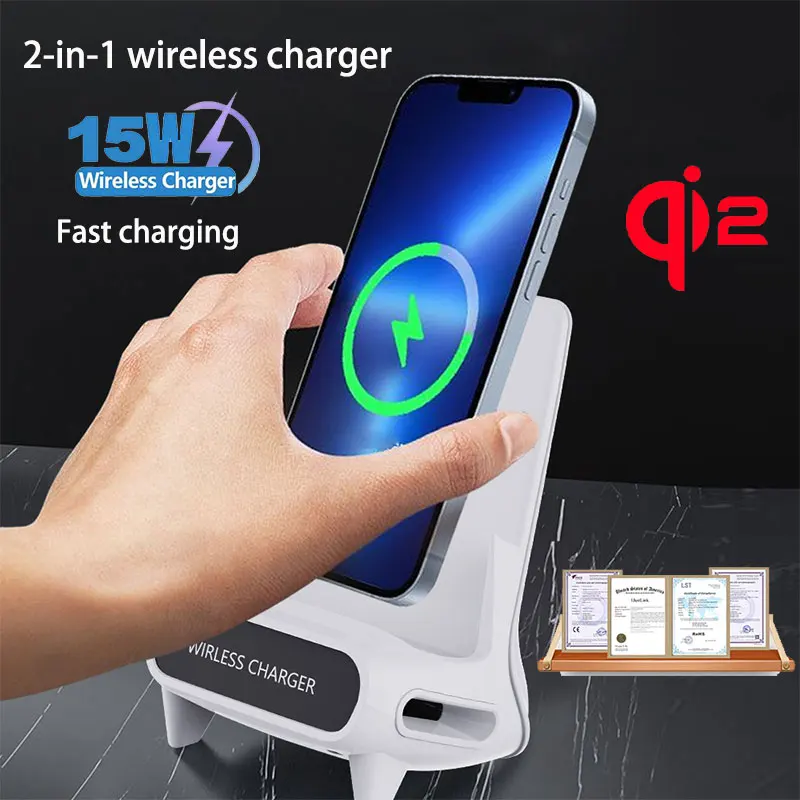 Cargador Inalámbrico Portátil de 15W para Silla, Carga Rápida de Escritorio, Soporte Universal para Teléfono Móvil para iPhone, Samsung, Vivo, Xiaomi