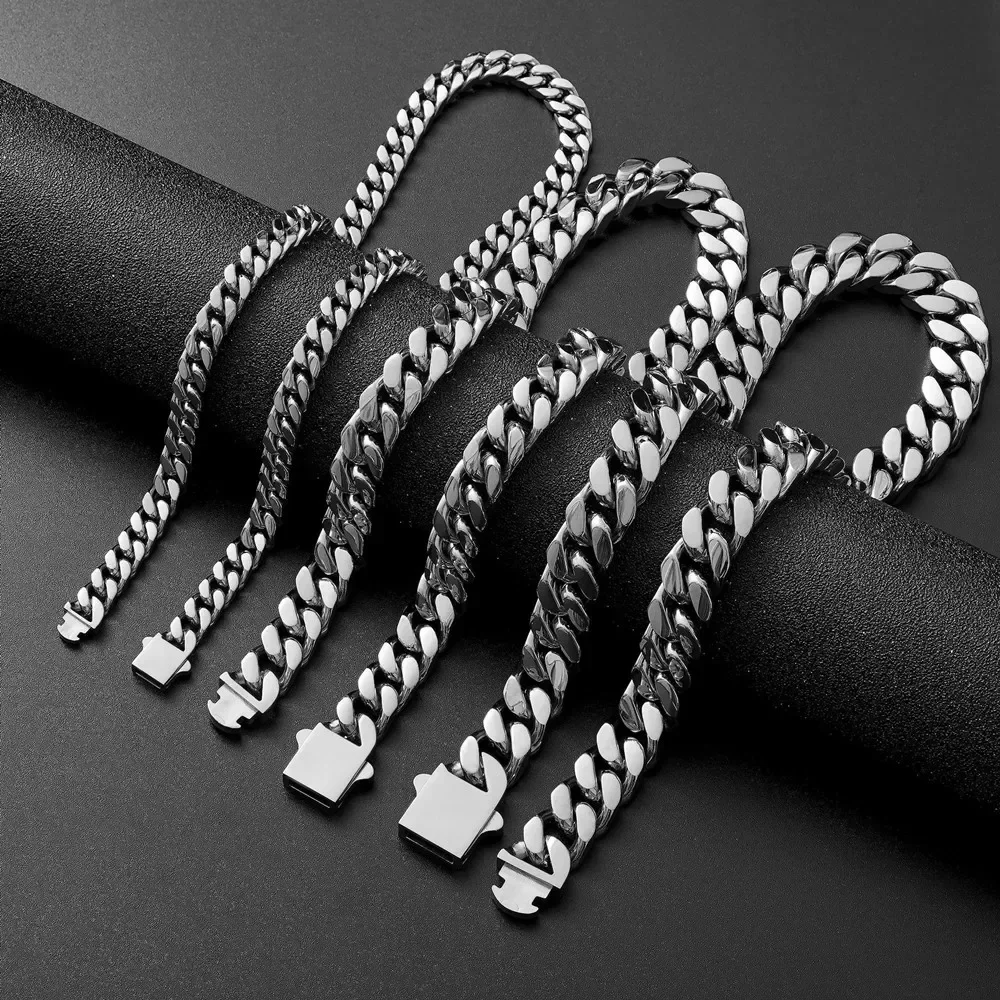 316 Stainless Steel Plated 18k Gold Fashion 8.10.12mm Encrypted Cuban Chain Rap Hip Hop Men Women Bracelet Necklace Accessories