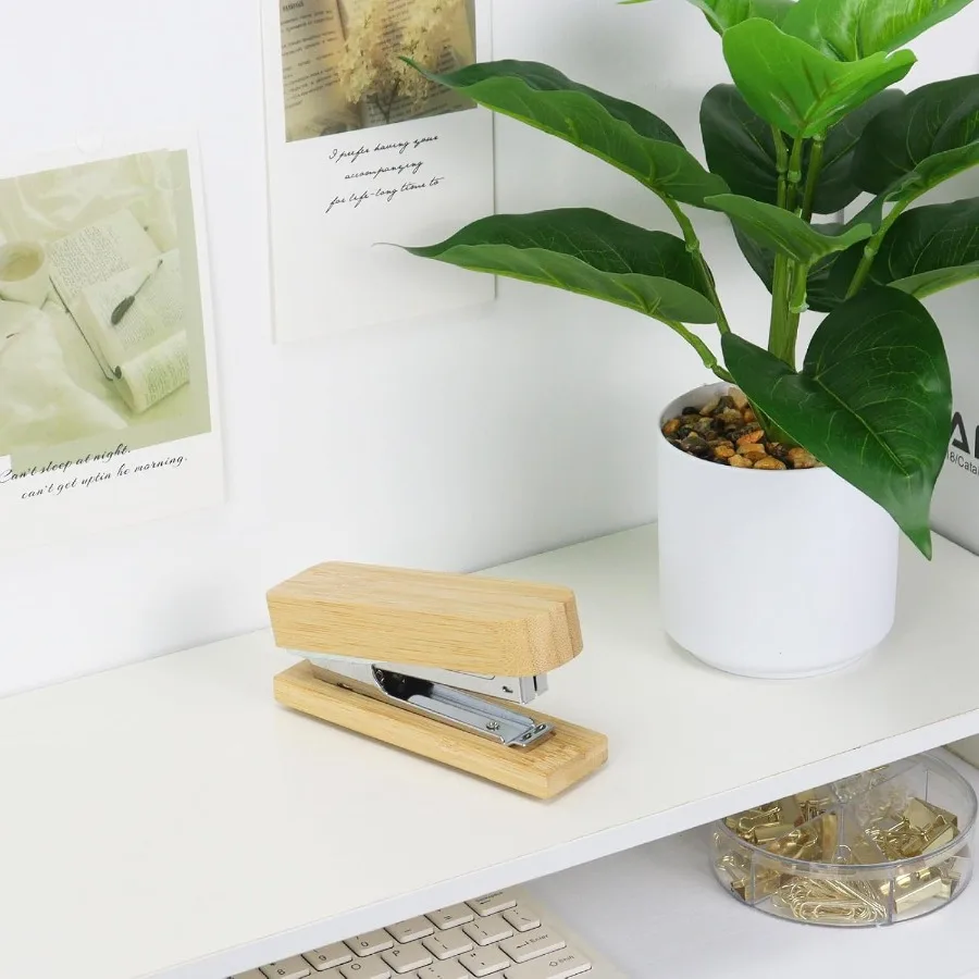 Bamboo Wood Stapler for Desk Heavy Duty 25 Sheet Capacity Vintage Wood Stapler with 1000 Staples Office Desktop Staple Desk Acc
