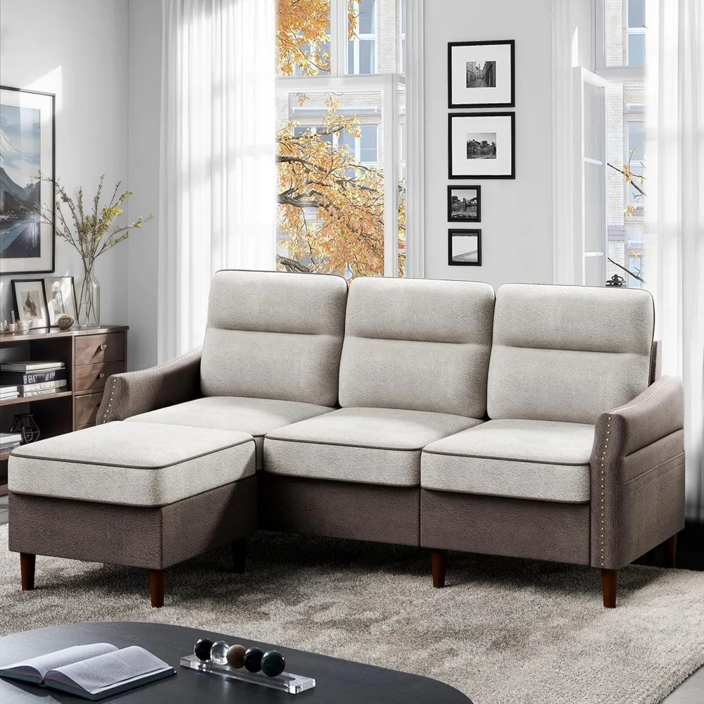 L Shaped Sofa Couch with Side Storage Bag, Convertible Sofa for Living Room with Reversible Chaise and Rivet Decor