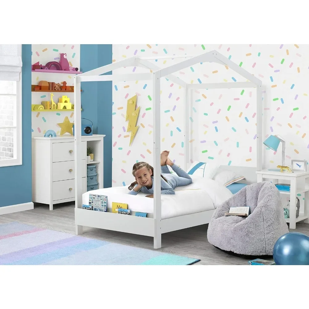 Children Poppy House Wood Twin Bed, Platform Bed - No Box Spring Needed, Bianca White