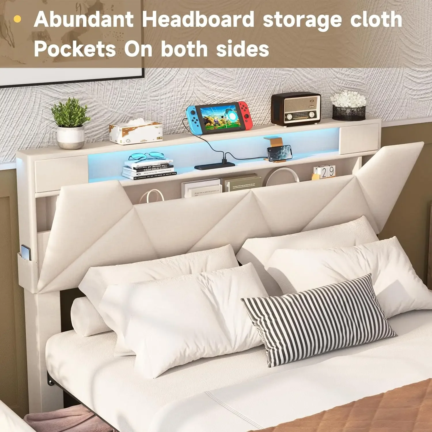 Vabches Bed Frame Queen with Storage Headboard&4 Drawers Upholstered Platform Bed Frame with Charging Station&LED Lights Bedroom image 2