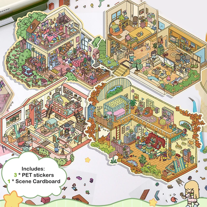 1Set Cute Cartoon Mini World Landscape Stickers Pocket 3D Cabin Scene Stacking Pasting Stickers Miniature Scene Stickers