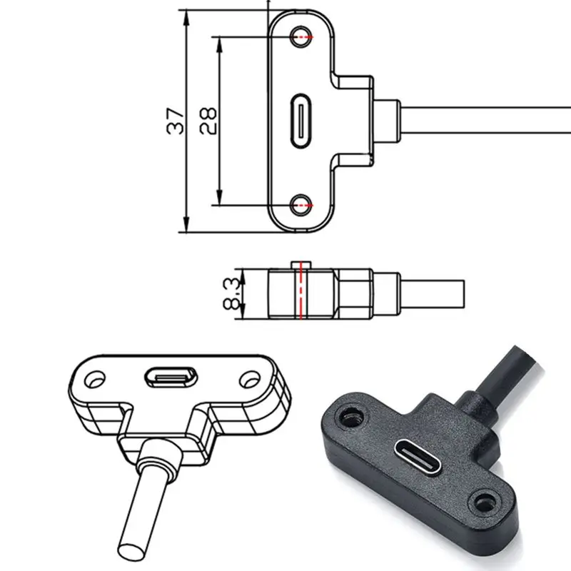 3A 6-Core USB 2.0 Type-C Male to Female Vertical 90 ° Bend With Ear Screws, Fixed Baffle Cable, Digital Connection Cable 0.3m