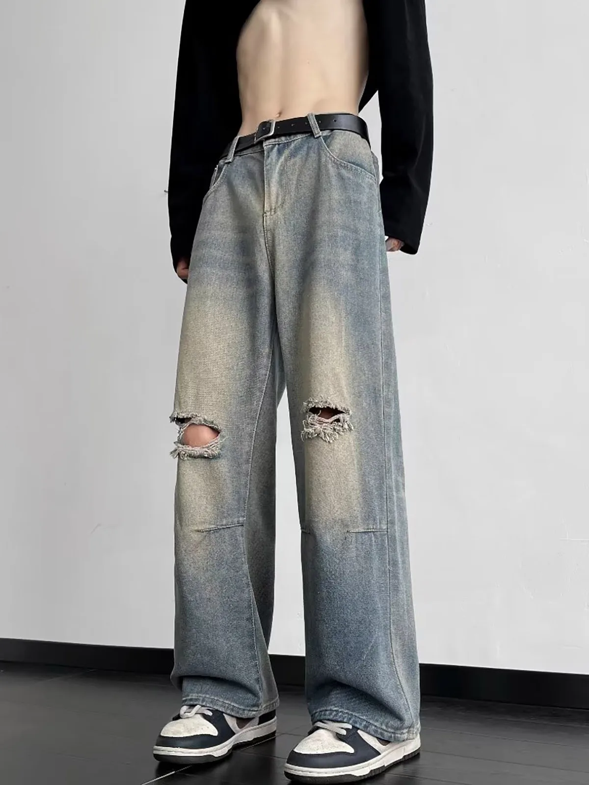 American Washed Ripped Denim Jeans Men's Women's Loose High Street Straight Leg Wide Leg Pants Casual Straight Cut Jeans