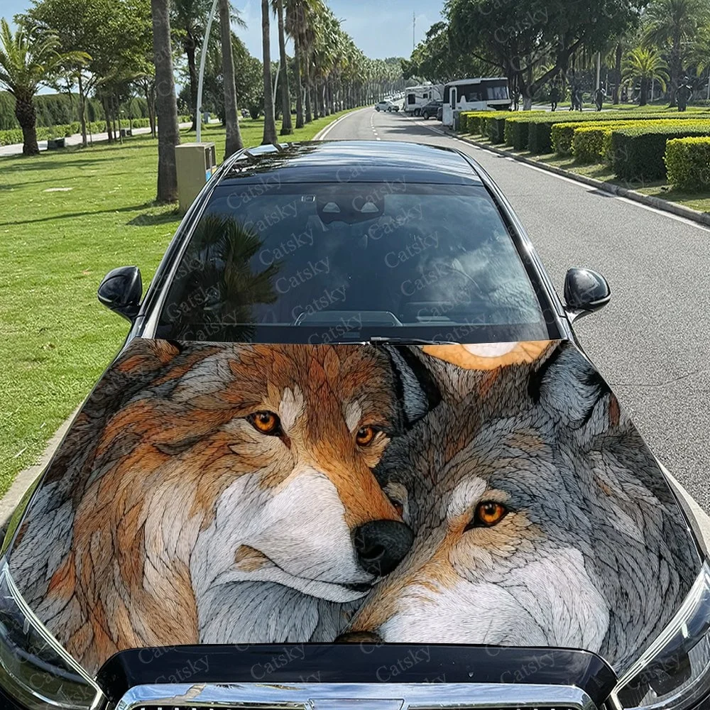 Wolf Couple Warm Car Hood Sticker PVC Self Waterproof Stick, Striking Auto Exterior Accessories Decor Protect Gift for Car Lover