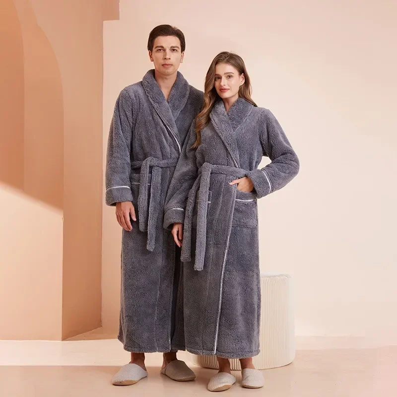 Fashionable double-sided thick plush nightgown women 2024 autumn and winter new item men\'s and women\'s couple extended bathrobe