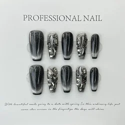 10Pcs Handmade Black Eye Cat Press On Nails With  Mid-length  Ballerina Broken Diamond Decoration Wearable Artificial Nail Tips