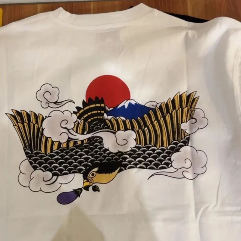 Camisetas Unisex de algodón de alta calidad para verano, sol rojo, nubes propicias, vigas, tejido informal de Tokio, cuerda roja, manga corta para hombres y mujeres