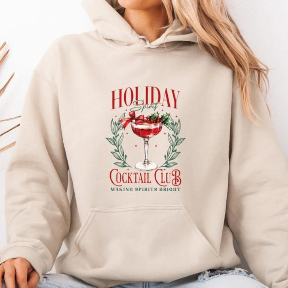 ホリデースピリットパーカー クリスマスカクテル服 クリスマス飲酒パーカー カクテルクラブ女性アパレル マティーニカクテル愛好家トップス