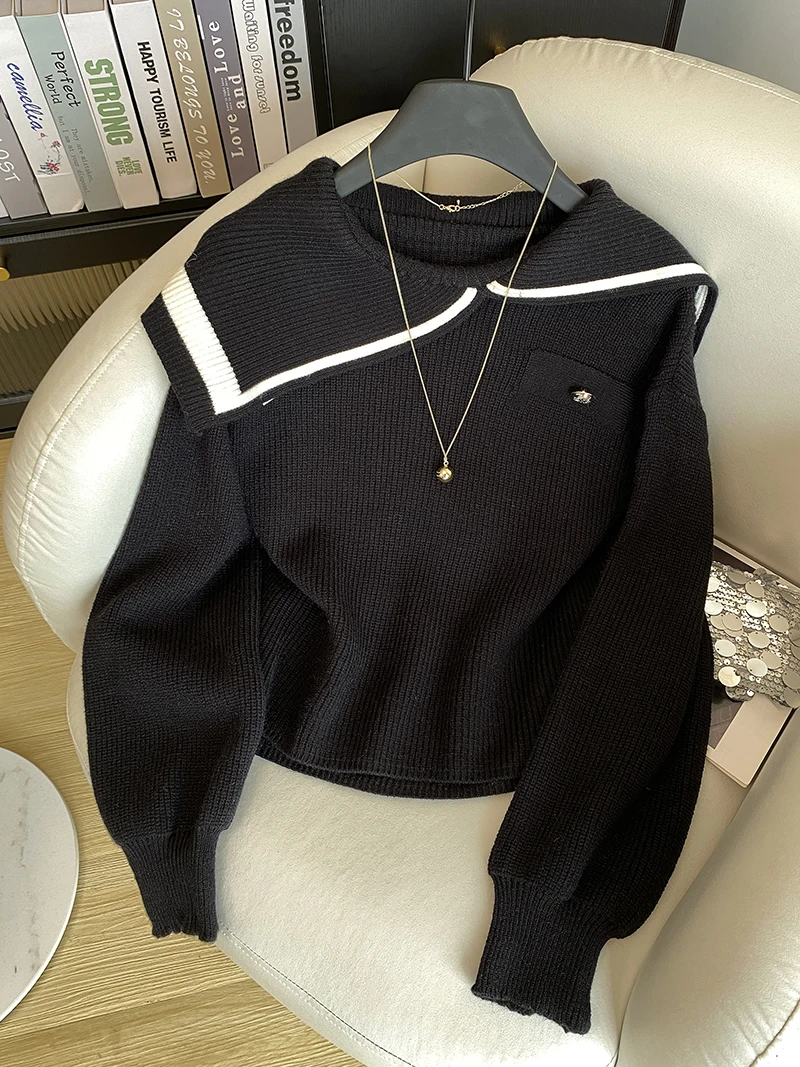 

Bla Темно-синий вязаный свитер с воротником Long Sve Женский ор круглый Ne Осень-зима Верхняя одежда Design Sense Base Coat Кардиган