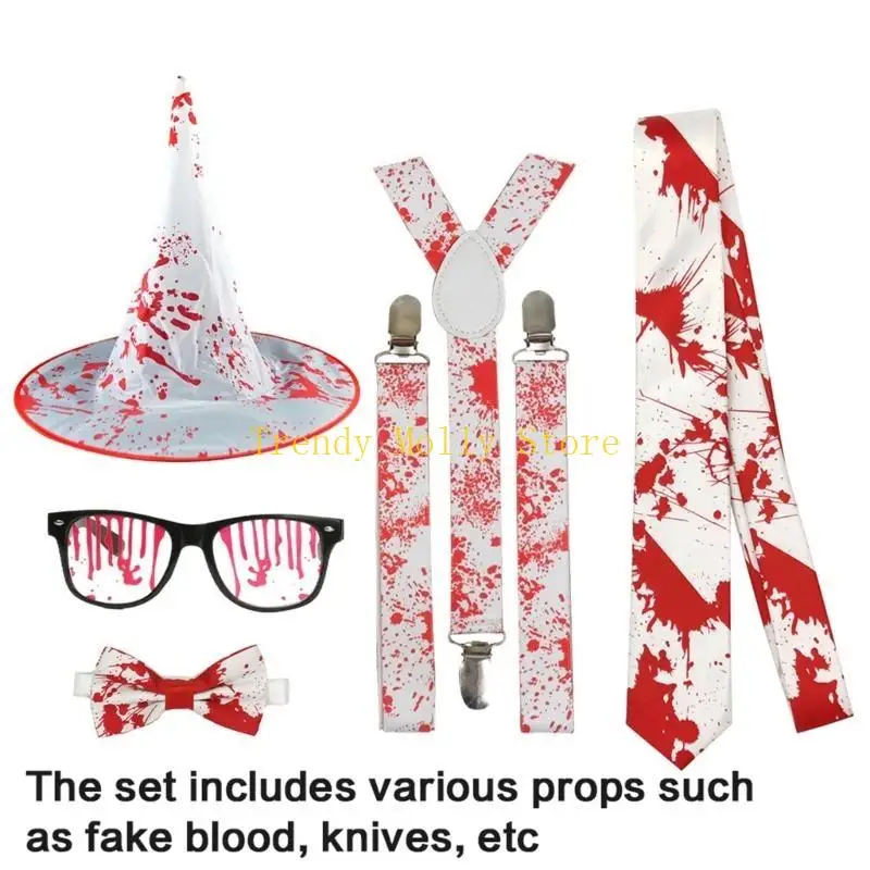 

N5KB Halloween Glasses Splattered Blood Gloves Stockings Pointed Hat Halloween Costume Set for Party