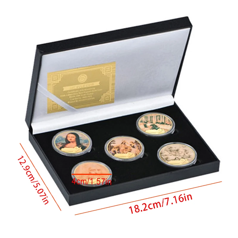 5pcs Da Vinci Paintings Commemorative Coins in Gift Box Collectible Challenge Coins Souvenir Birthday Party Gifts Home Decor