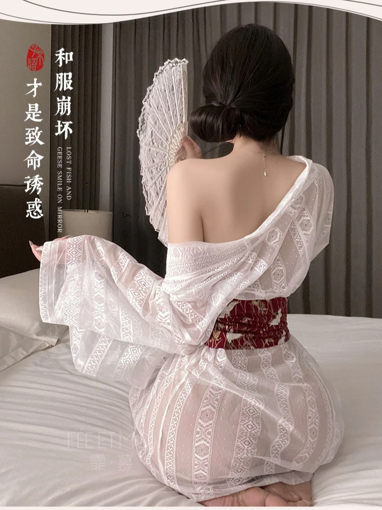 

Sexy Japanese Lingerie Kimono Uniform Cosplay Erotic Full Lace See Through Yukata Robe with Belt Roleplay White Lolita Dress