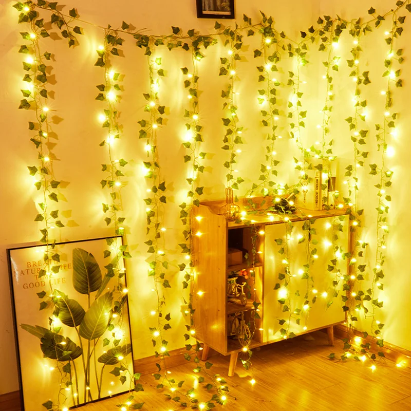 Luzes LED String para decoração de casa, folhas de seda, falso Creeper, videira Ivy Verde, guirlanda, flor artificial, festa de casamento, 2m, 2,3 m