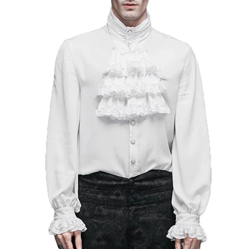 

Men Vampire Victorian Renaissance Shirts And Blouses Solid Black White Gothic Ruffled Stand Collar Medieval Blouse Tops Shirt