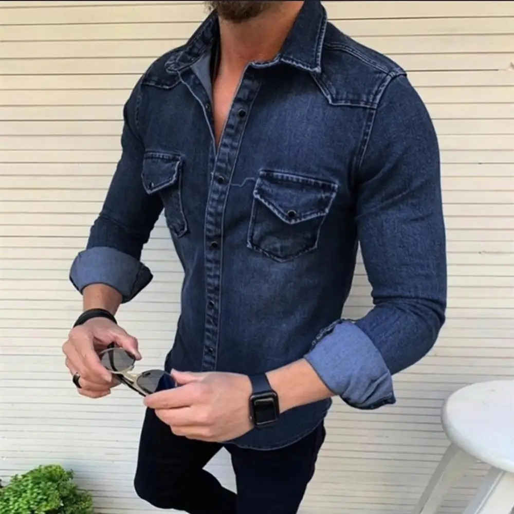 Fashion Men Denim Shirt Casual Slim Fit Button Shirts With Pocket Men Camisa Long Sleeve Turn Down Collar Tops camisa masculina