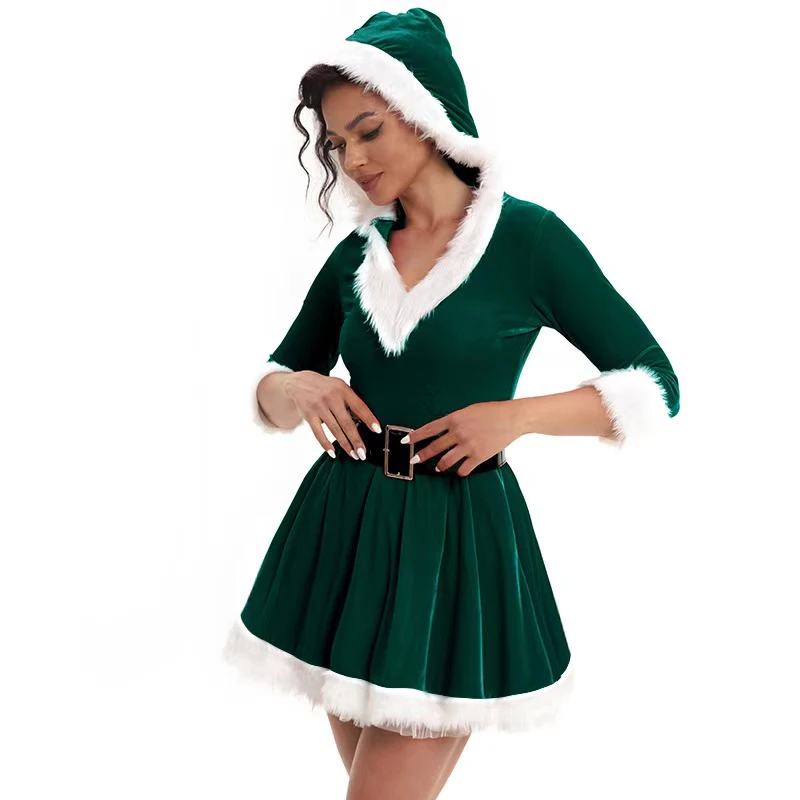 Christmas Santa Claus Performance V-neck Dress Hooded With Belt Bodycon Mini Dress Mesh Skirt 3-piece Green Women Clothing Party