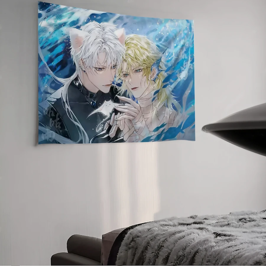 1PC Digital Printed Tapestry Wall Hanging, Anime Cat Ears Couple Blue Water Background, Yaoi BL Otaku Room Wall Art Decor - view 2