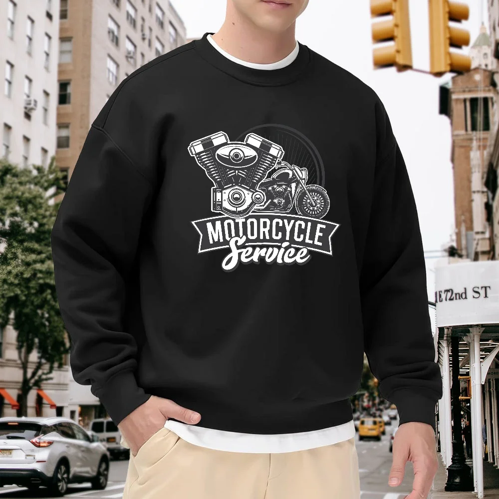 

Men's Black Crew Neck Pullover Sweatshirt with Motorcycle Engine Print, Trendy Top, Loose Fit, Street Casual Style, Versatile and Comfortable for Everyday Wear