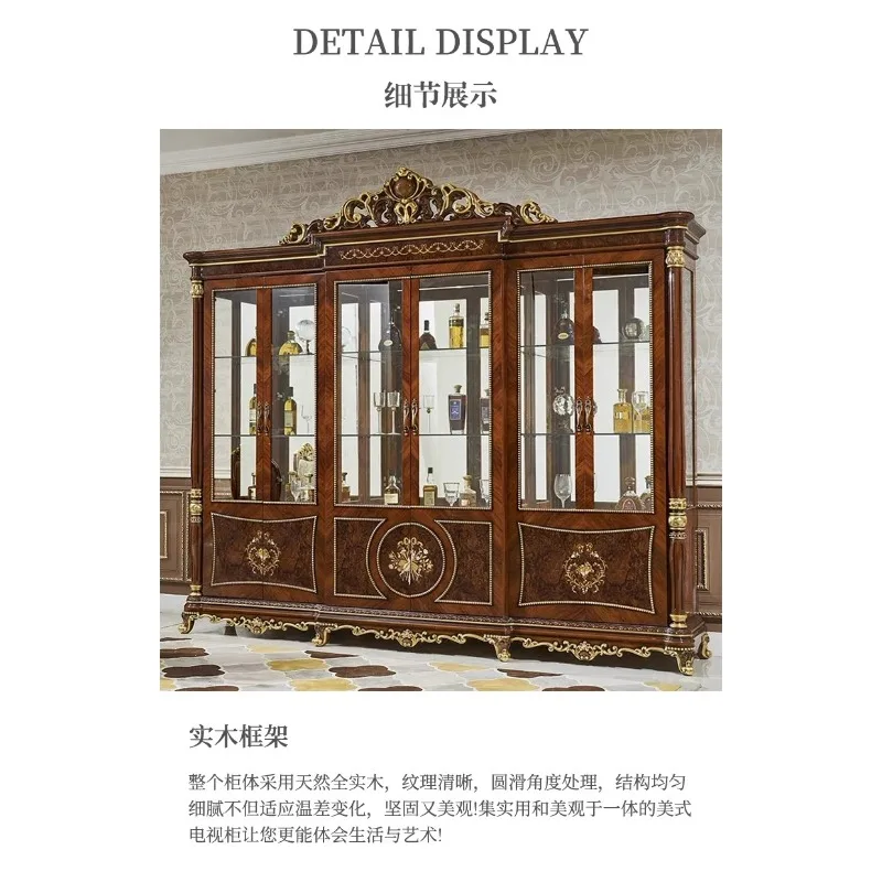 European retro full solid wood carving flower wine cabinet living room glass door display cabinet fully transparent decorative c