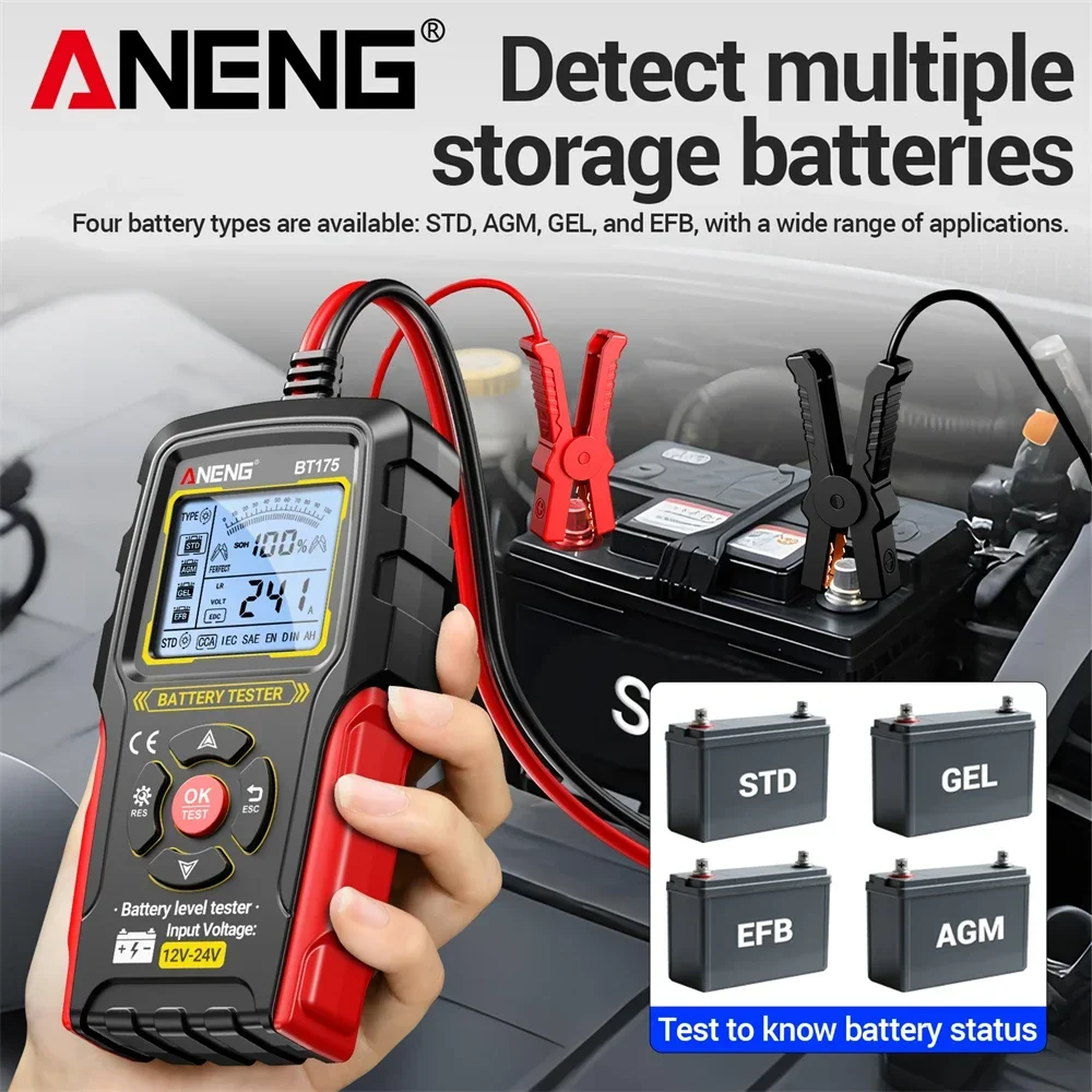 자동차 납산 배터리 테스터 12V 24V 발전기 분석기 디스플레이 화면 ANENG BT175 절연 악어 클립 도구 포함