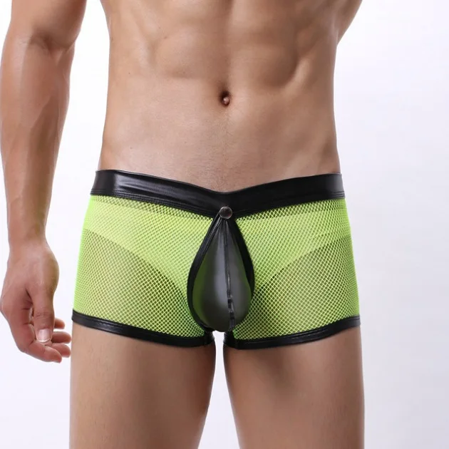 Mens Sexy Underwear Pu Leather Boxer Shorts Sheer Mesh Open Crotch Erotic Lingerie BDSM Fetish Panties Ropa Interior Erotica