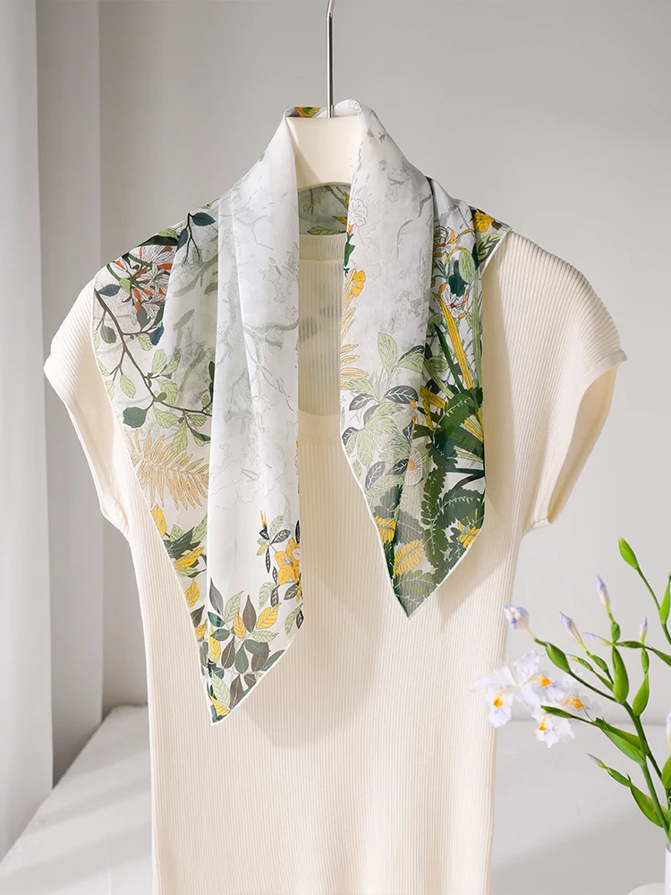 シルクスカーフ-韓国風-小さな正方形-ママバージョン-薄手-秋-春-夏-冬-多機能-植物花柄