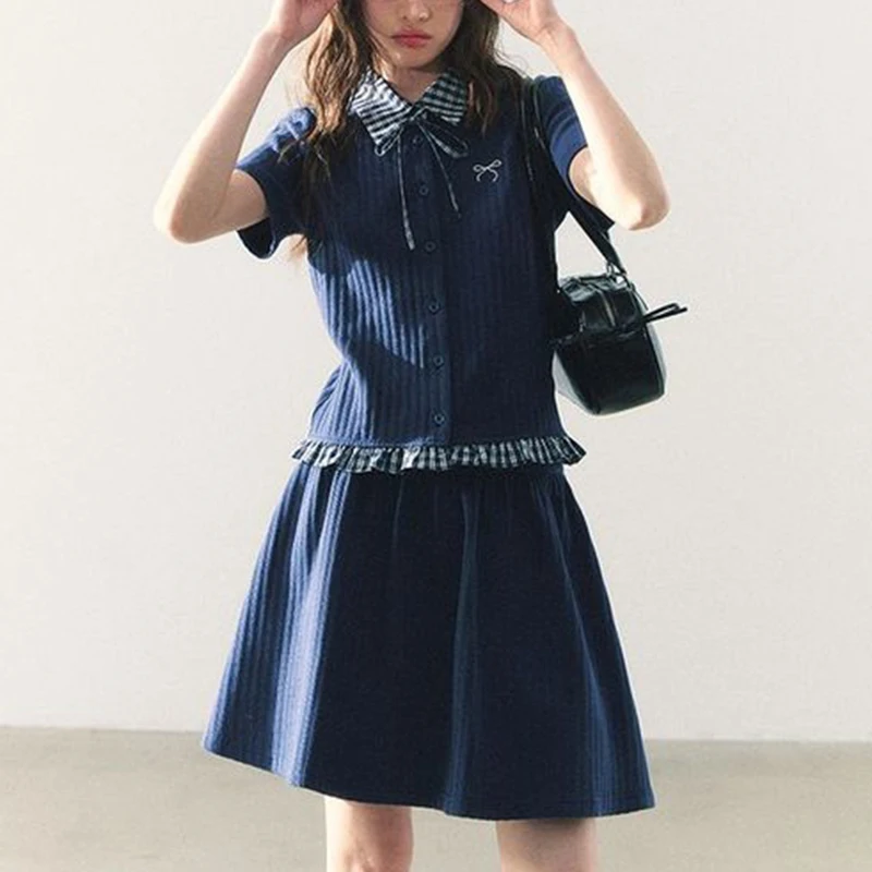 Summer Knitted Preppy Style Two Piece Sets Retro Women Ruffles Patchwork Sweet Embroidery Shirt A Line Chic Mini Skirt New