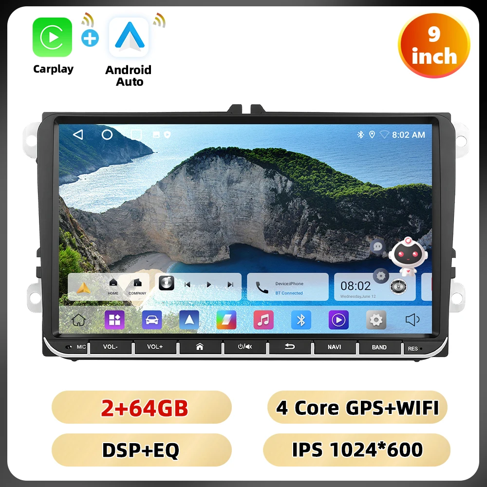 Podofo 9 ''2Din Autoradio Voor VW/MAGOTAN/GOLF/CADDY Multimedia Speler 6 + 128G Carplay Android Auto WIFI GPS FM/RDS BT Auto Audio