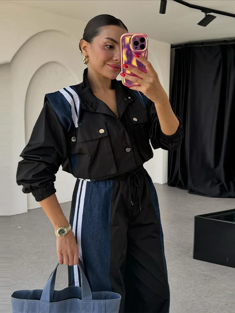 

Women Patchwork Lapel Denim Jackets High Waist Jeans 2 Piece Sets Baggy Pockets Denim Tops Elastic Wide Leg Pants Office Work