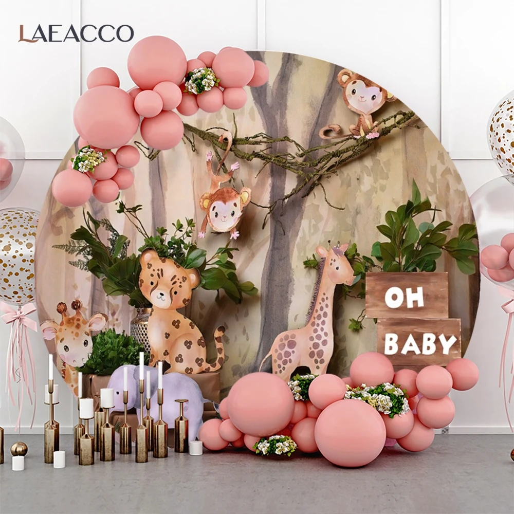 Laeacco Jungle Safari Round Photography Backdrop Cartoon Animals Kids Birthday Party Baby Shower Circle Photo Background Cover