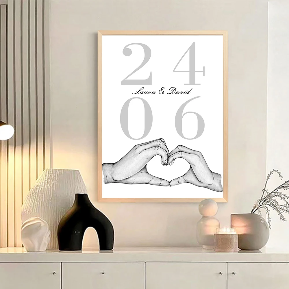 

Lover Poster Personalized Name Date Custom Art Print Black White Hand Gesture Canvas Painting Wall Picture Wedding Decor Gifts