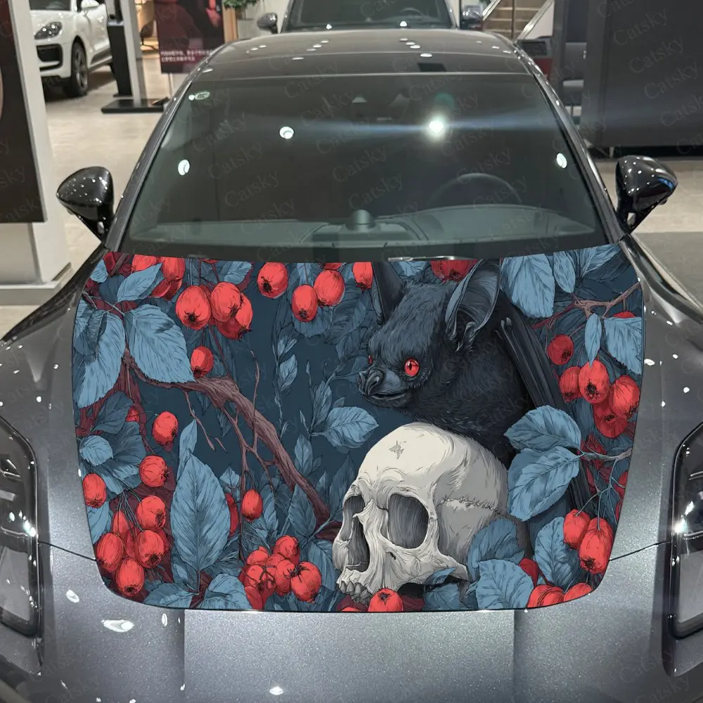 Dark Bat Skull Floral Pattern PVC Car Hood Wraps, Self-Adhesive Waterproof Car Bonnet Decal Sticker, Car Decoration Protection S