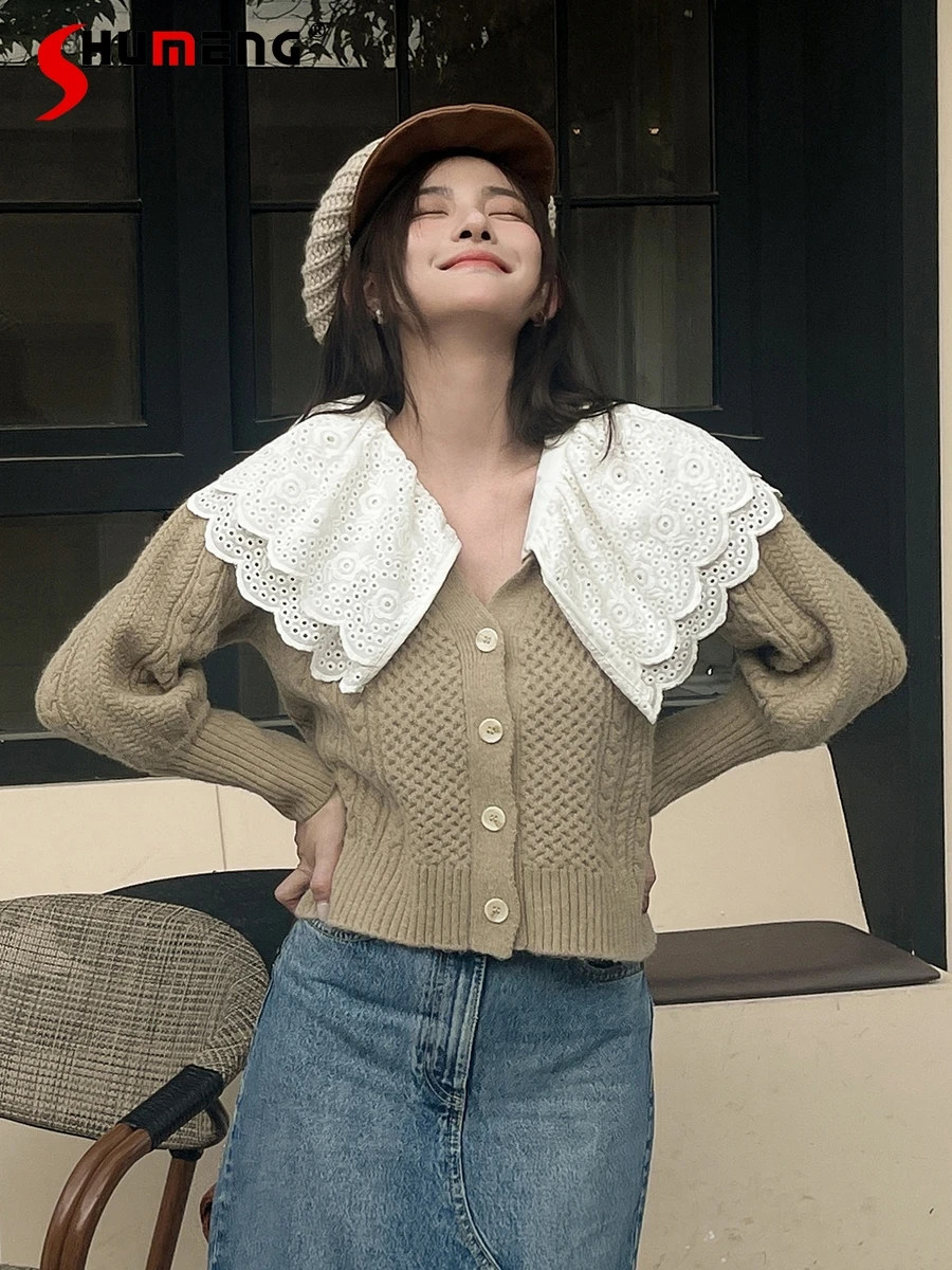 

Drop-Shoulder Long-Sleeve Wool Knitted Cardigan Sweet Feminine Retro Twist Weave Top V-neck Thick Soft Glutinous Sweaters