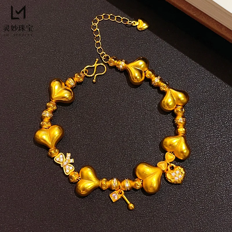 

9999 24 К настоящее золото древний стиль персиковая точка бриллиант любовь бант браслет полный круг браслет в форме сердца изысканный подарок