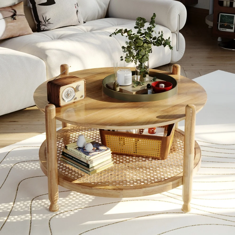 

NSdirect 32" Round Coffee Table, 2-Tier Solid Wood Boho Rattan Shelf, Modern Farm, Easy Assembly Oak