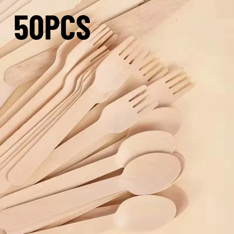 50PCS Disposable Wooden Forks Spoons Knives Suitable for Dessert Ice Cream Fruit Tableware Kitchen Wedding Birthday Supplies