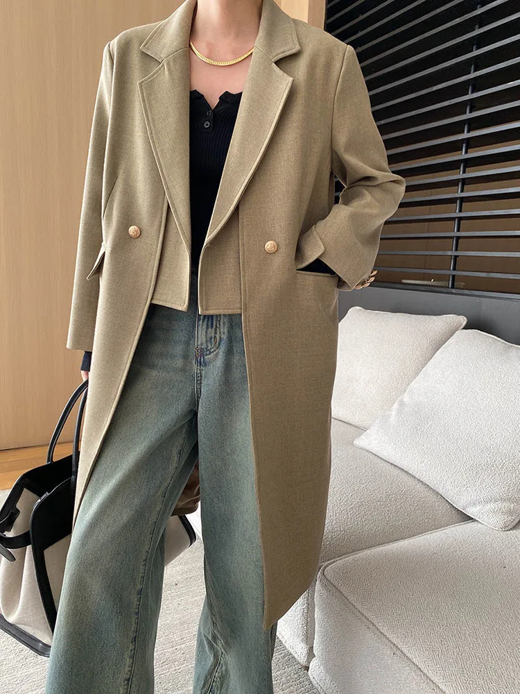 [EAM] Women Khaki Irregular Spliced Long Big Size Blazer New Lapel Long Sleeve Jacket Fashion Tide Spring Autumn 2024  1DH6851