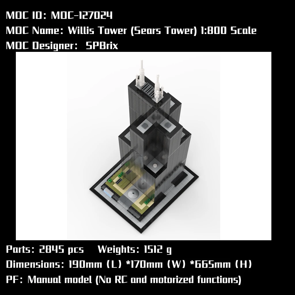 MOC-127024 Willis Tower Sears 1:800 Scale Model With PDF Drawings Building Blocks Bricks Kids DIY Birthday Christmas Gifts