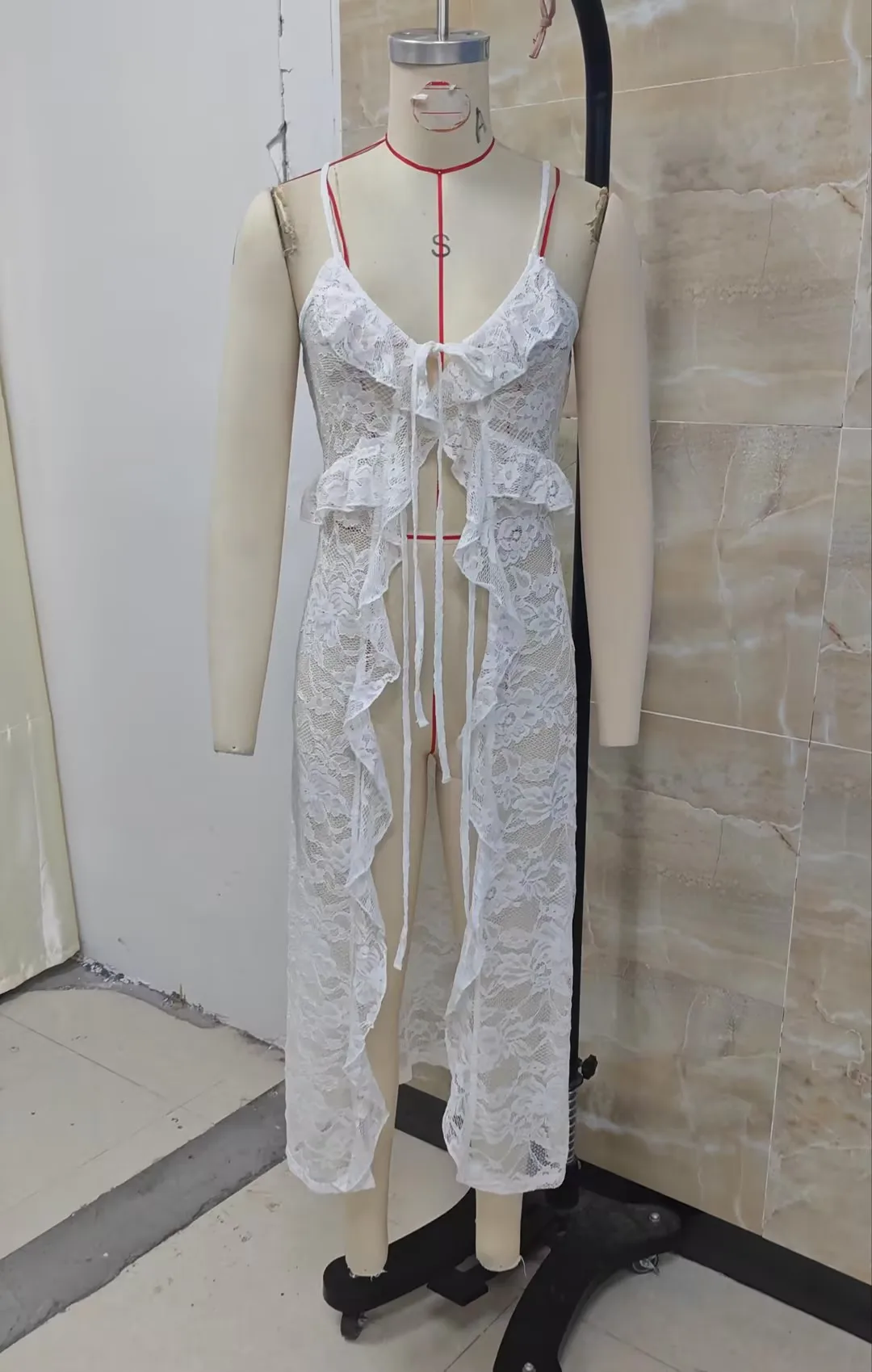 Women Long Sheer Lace Camisoles Ruffles Irregular Hem Sleeveless Tank Tops