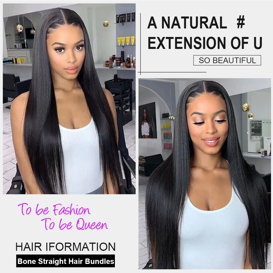 Brazilian Bone Straight Hair Bundles With Frontal Closure 100% Human Hair 3 Bundles With 13X4 Transparent Ear To Ear Lace Front