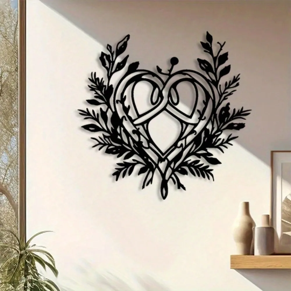 1Pc Black White Heart Wreath Metal Wall Art, Leaf Rope Decor, Nature Lover Gift, Christmas Halloween New Year Gift