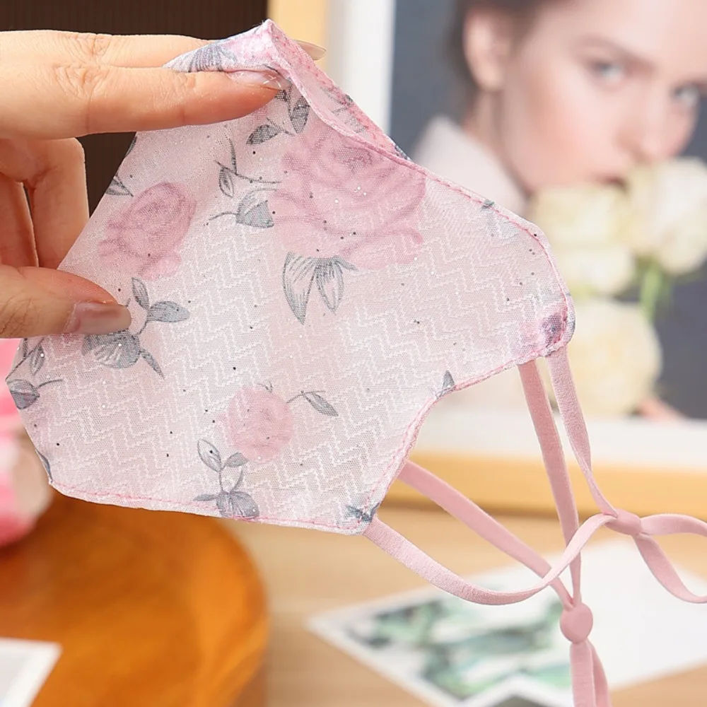 

Silky Lace Sun Protection Mask Rose Pattern Thin Model Eye Protection Face Mask UV-blocking Double-layer Women's Mask