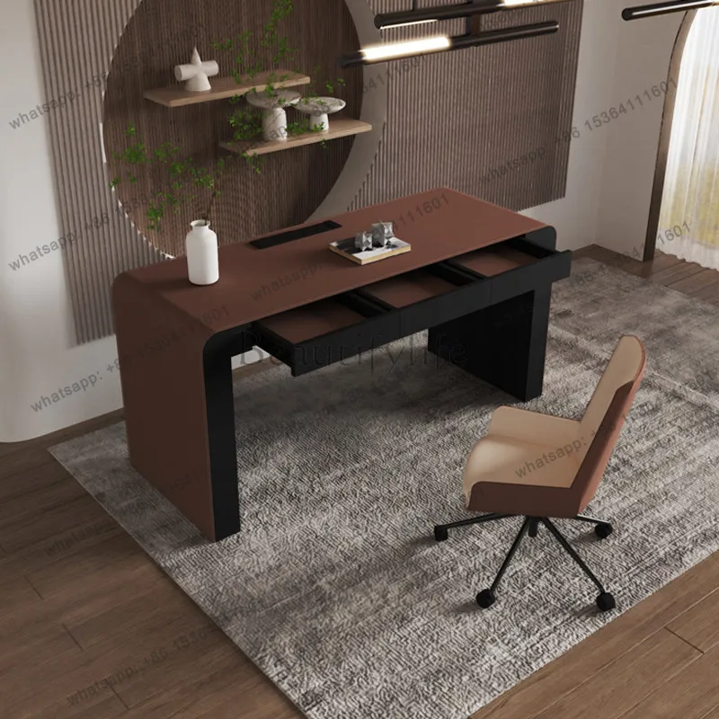 Italian minimalist desk office light luxury modern high-end saddle leather writing desk computer desk