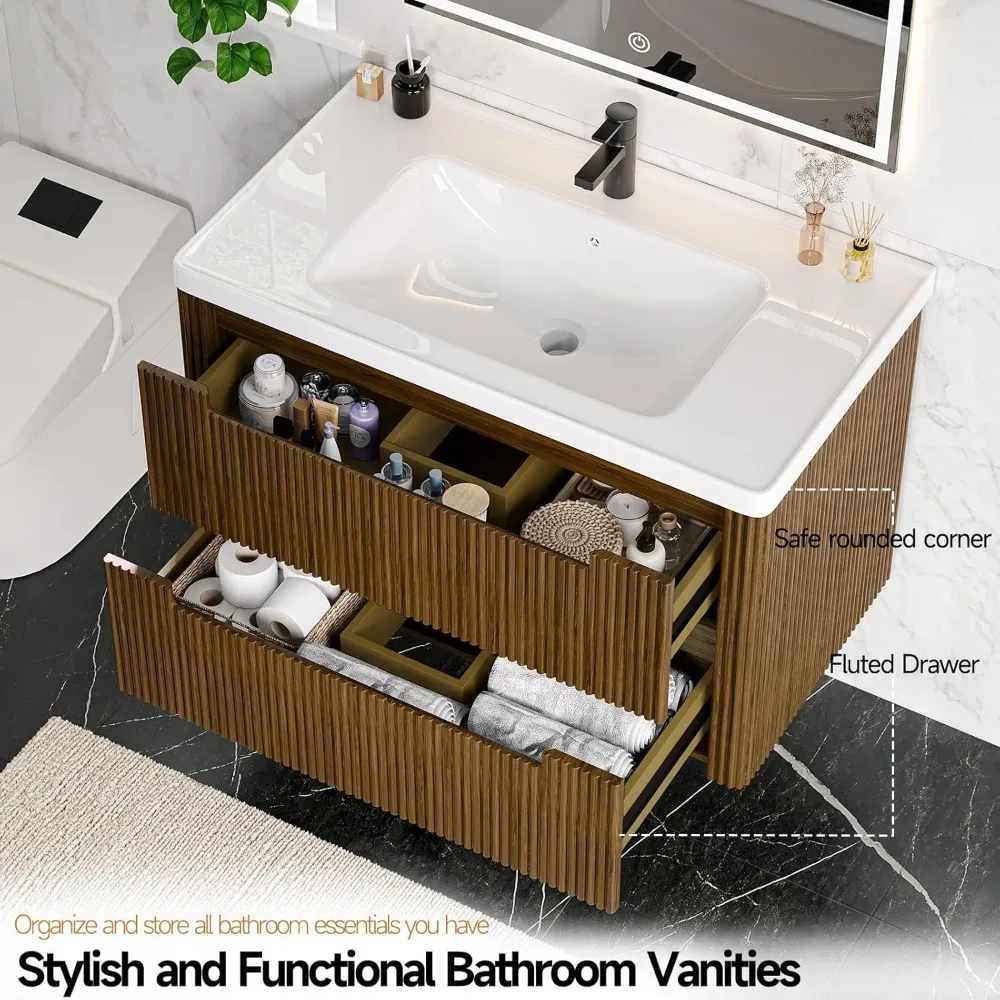 Modern Bathroom Vanity with Sink Combo,Curved Floating Bath Vanity with 2 Soft Close Drawer,Wall Mount Bathroom18.8Dx24Wx20.2