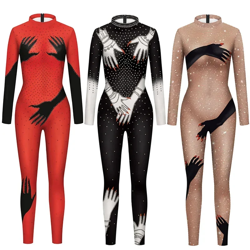 

2025 Combinaison Zentai pour femmes, motifs traditionnels, Halloween, paillettes brillantes, body imprimé, Costumes de spectacle