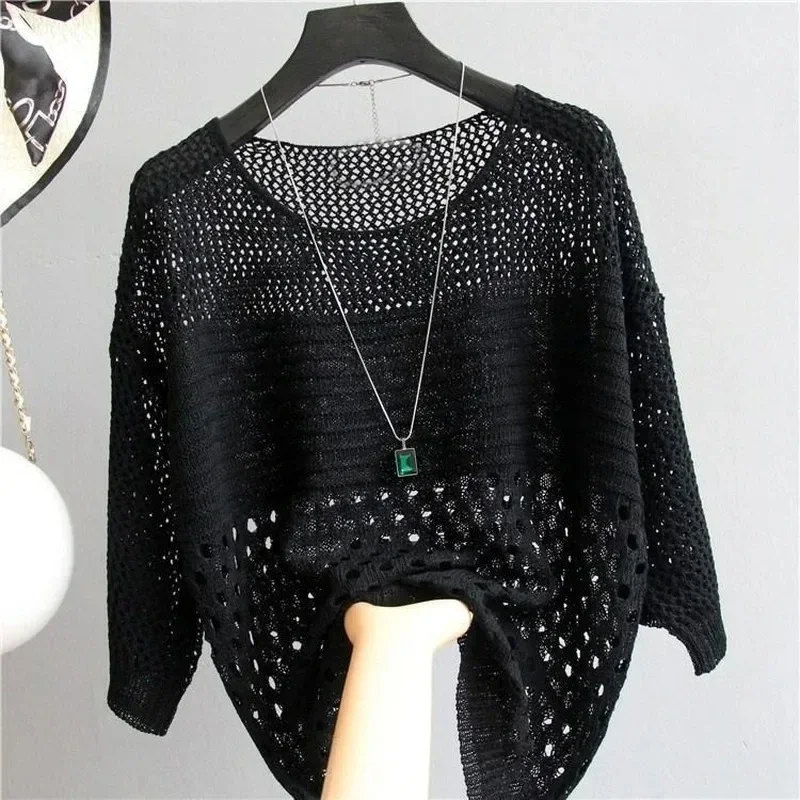 Casual Batwing Sleeve Loose Knitted T-shirt Women's Clothing Stylish Hollow Out Printed Diamonds Summer Thin Sunscreen Pullovers