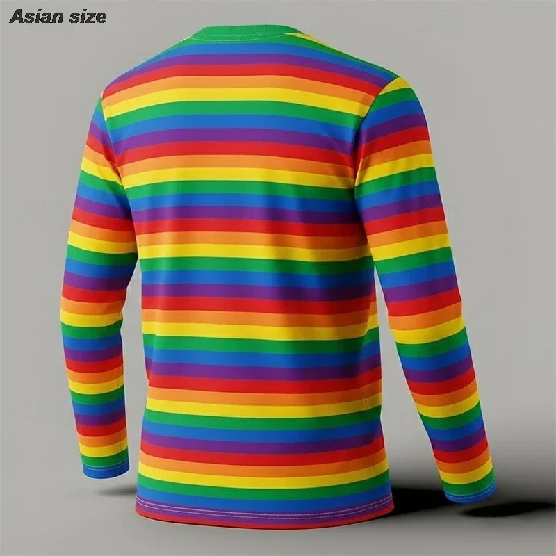 Men's T Shirt Long Sleeve T-shirt Crew Neck Spring Fall Stripes Streetwear Stylish Casual Outdoor Carnival Rainbow Top for Men