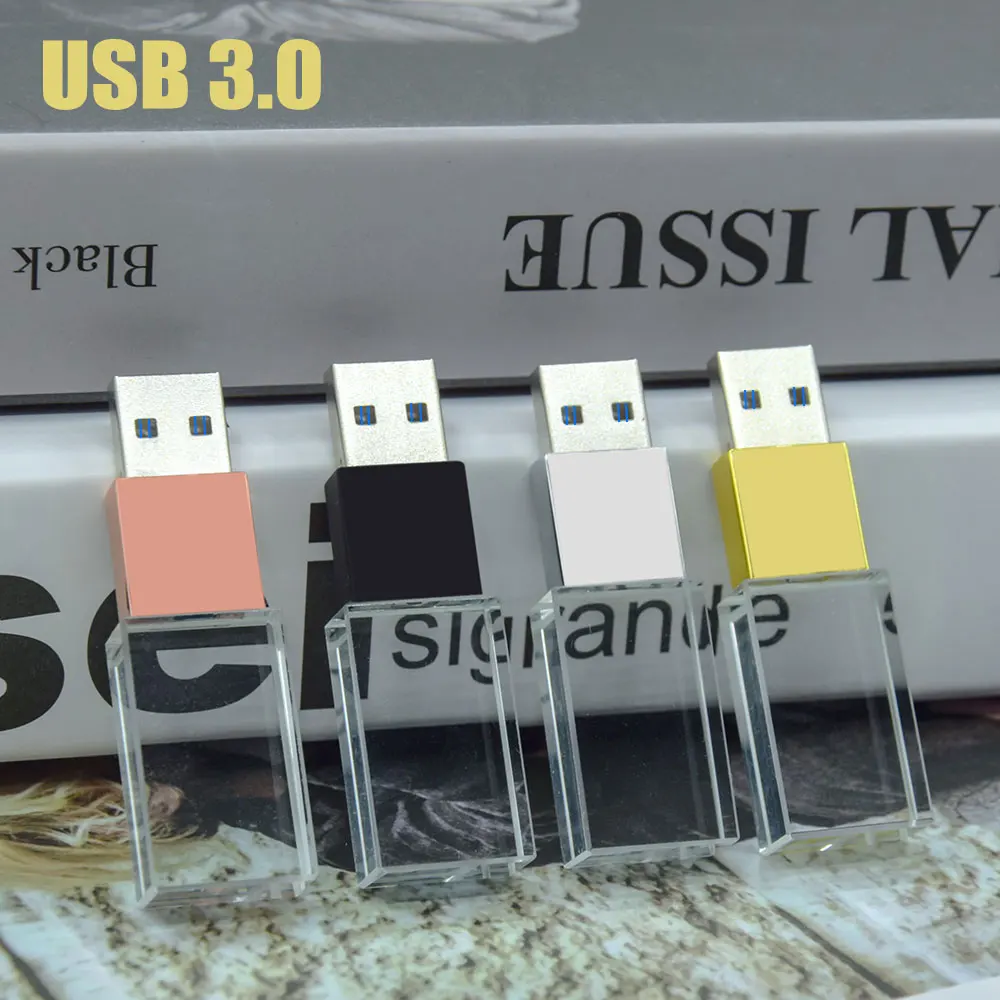 10PCS Crystal 3.0 USB Flash Drive 64GB Free Custom Logo PenDrive 32GB Crystal with Color LED Light USB Stick 16GB 8GB 4GB gifts